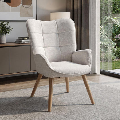 MALIBU 23" BEIGE AND NATURAL TUFTED CHENILLE AND SOLID WOOD WINGBACK CHAIR - Varnish & Vibe