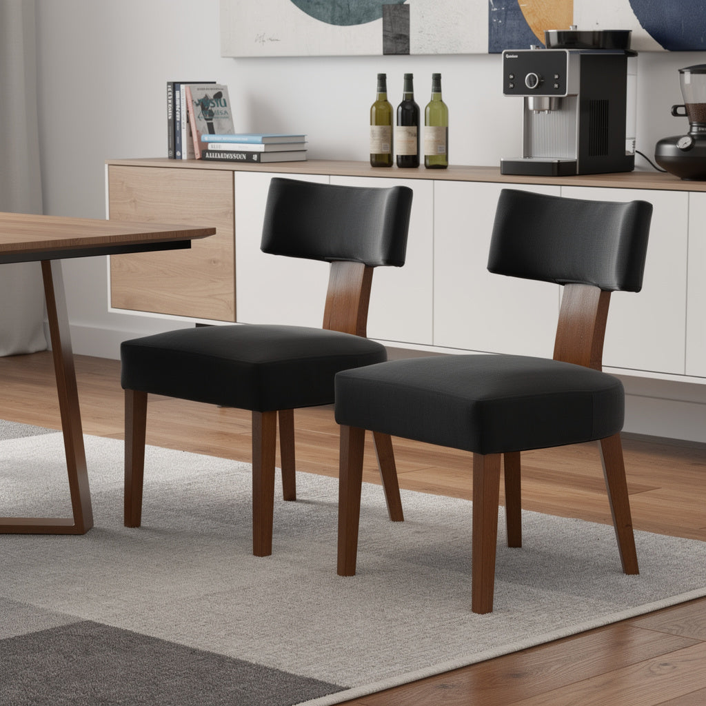 SET OF TWO BLACK AND BROWN LINEN AND SOLID WOOD DINING SIDE CHAIRS
