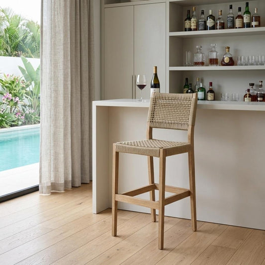 MALIBU 30" BEIGE SOLID WOOD LOW BACK BAR HEIGHT BAR CHAIR - Varnish & Vibe