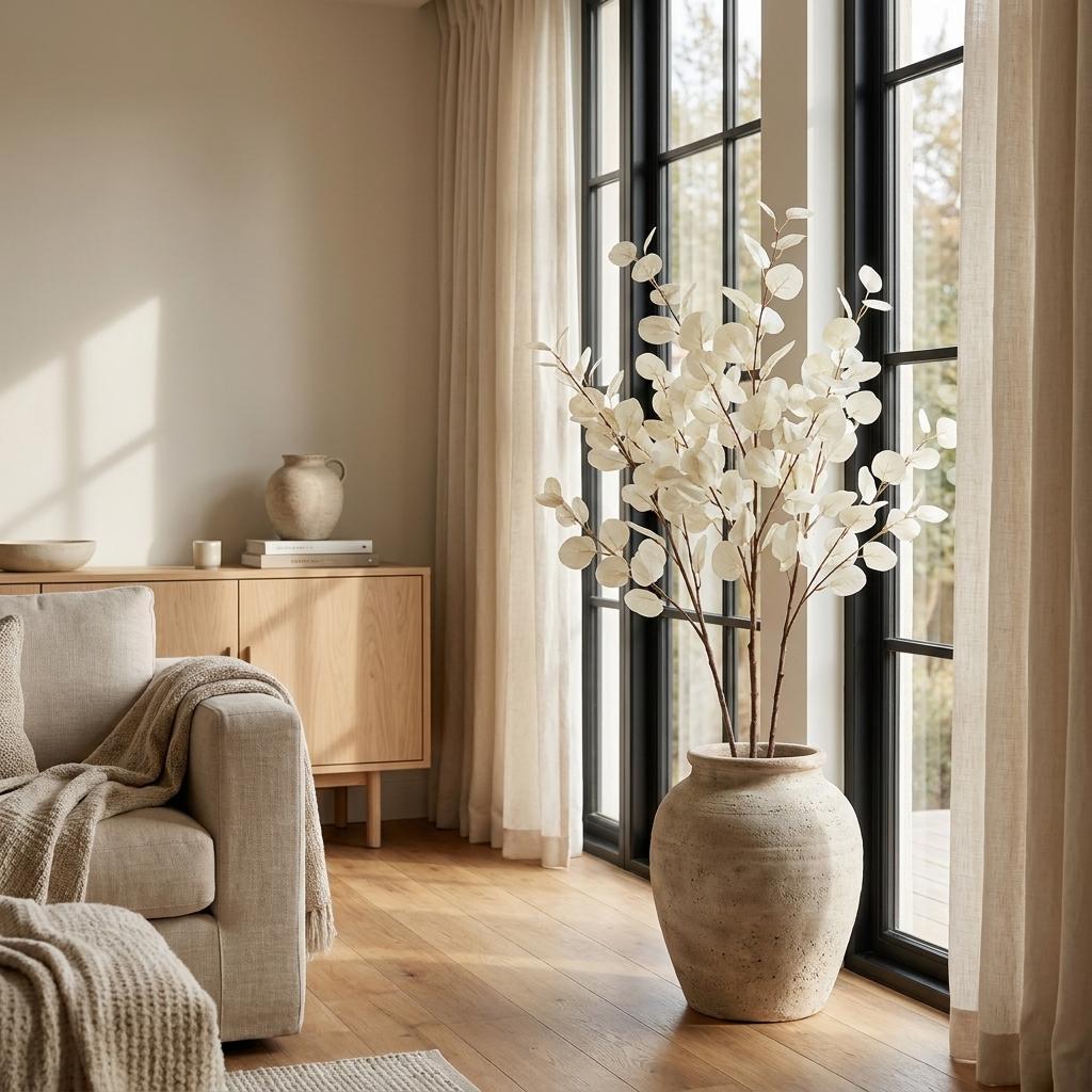 Set of six white faux eucalyptus stems from the Palisades collection