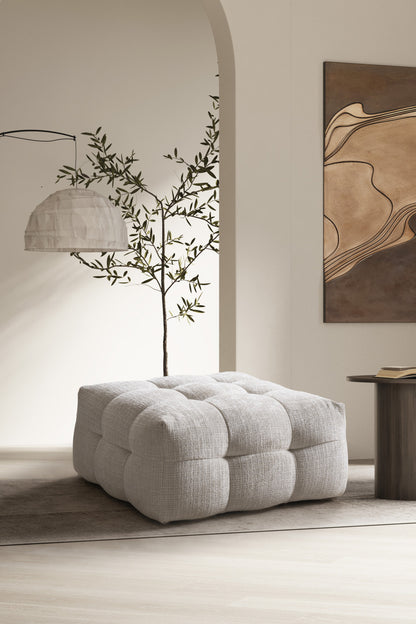 MALIBU 36" BEIGE AND BLACK CHENILLE TUFTED POUF OTTOMAN - Varnish & Vibe