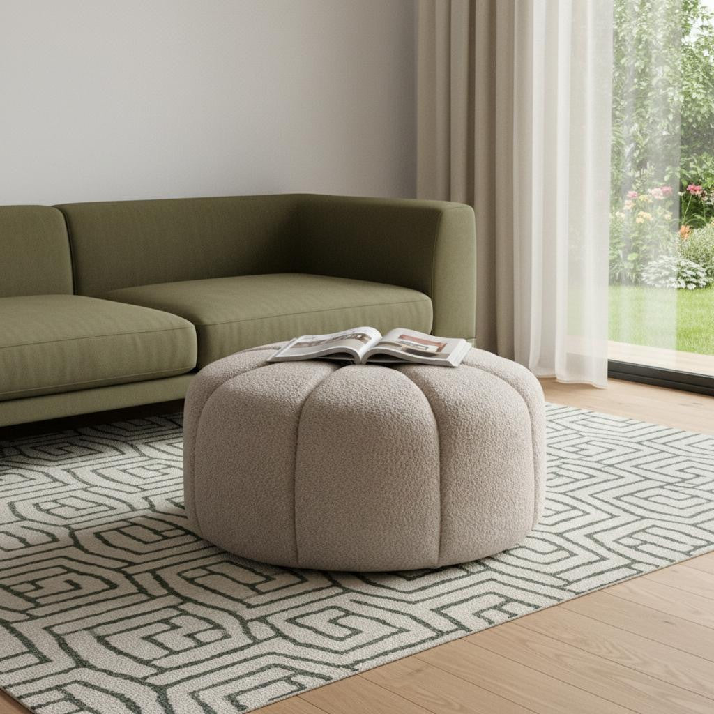 PALISADES 32" TAUPE TUFTED BOUCLE TUFTED ROUND OTTOMAN - Varnish & Vibe