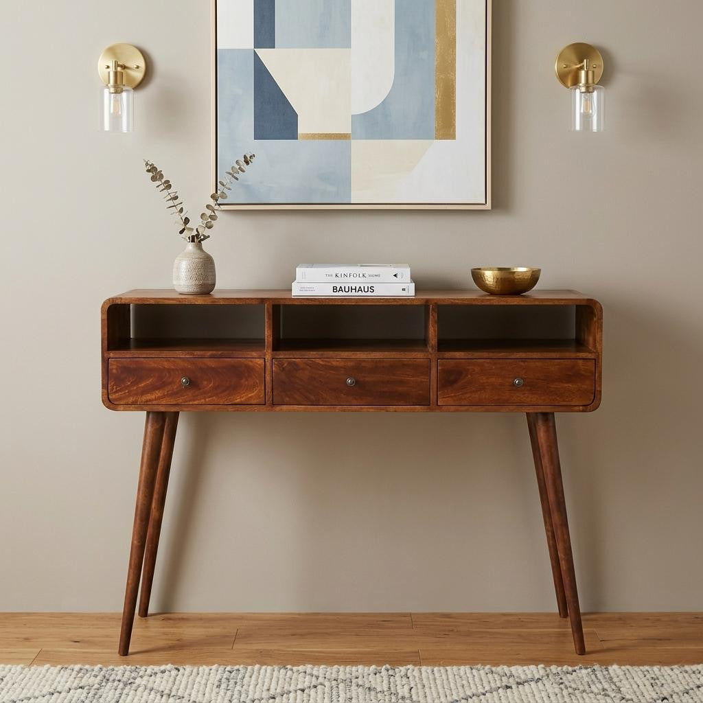 LAUREL 51" CHESTNUT SOLID WOOD CONSOLE TABLE WITH THREE SHELVES AND THREE DRAWERS