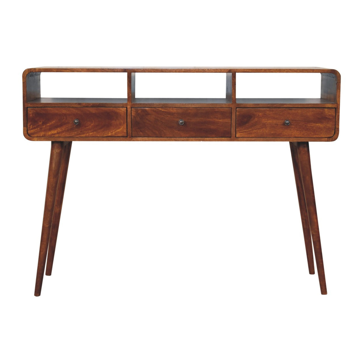 LAUREL 51" CHESTNUT SOLID WOOD CONSOLE TABLE WITH THREE SHELVES AND THREE DRAWERS