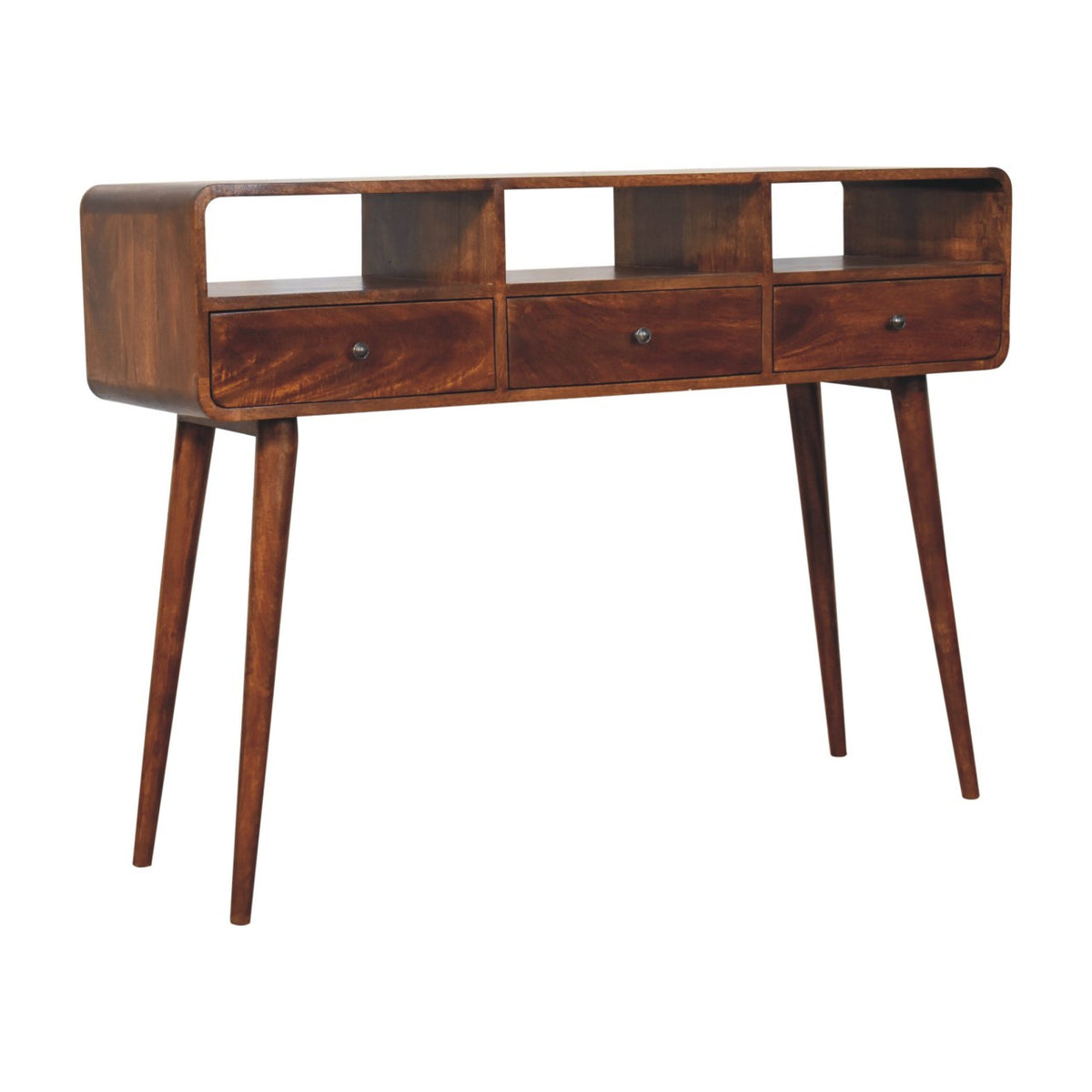 LAUREL 51" CHESTNUT SOLID WOOD CONSOLE TABLE WITH THREE SHELVES AND THREE DRAWERS