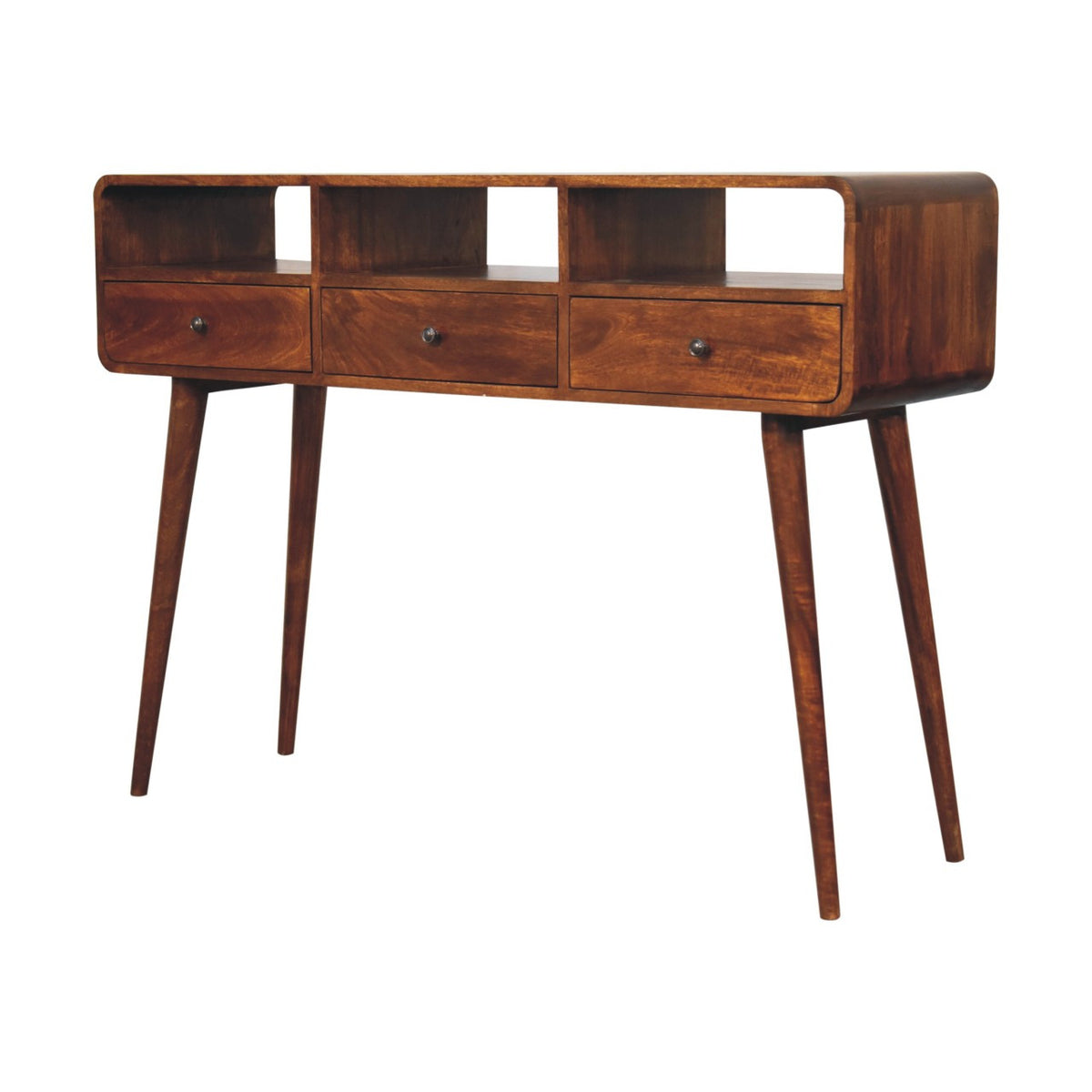 LAUREL 51" CHESTNUT SOLID WOOD CONSOLE TABLE WITH THREE SHELVES AND THREE DRAWERS