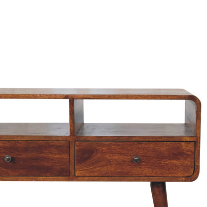 LAUREL 51" CHESTNUT SOLID WOOD CONSOLE TABLE WITH THREE SHELVES AND THREE DRAWERS