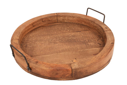 MALIBU 15" NATURAL SOLID WOOD HANDMADE ROUND SERVING TRAY WITH HANDLES - Varnish & Vibe