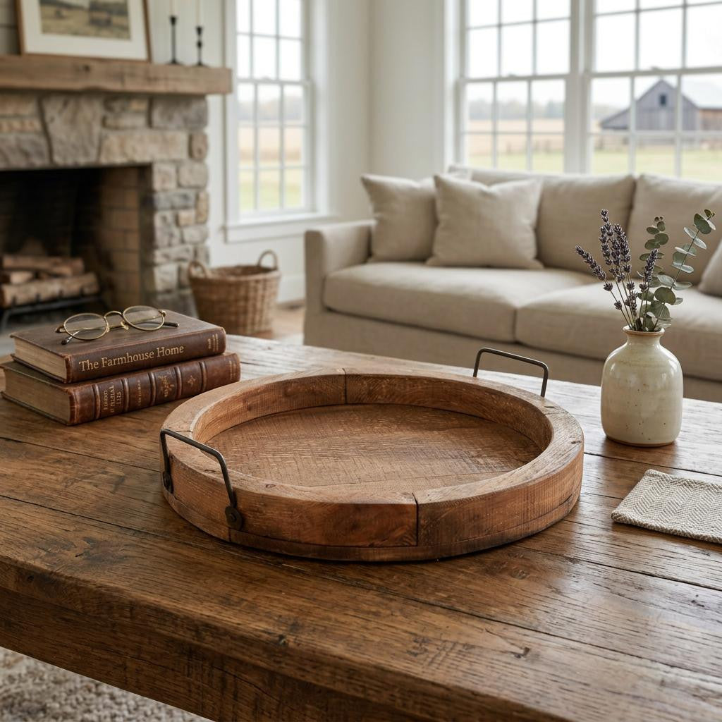 MALIBU 15" NATURAL SOLID WOOD HANDMADE ROUND SERVING TRAY WITH HANDLES - Varnish & Vibe