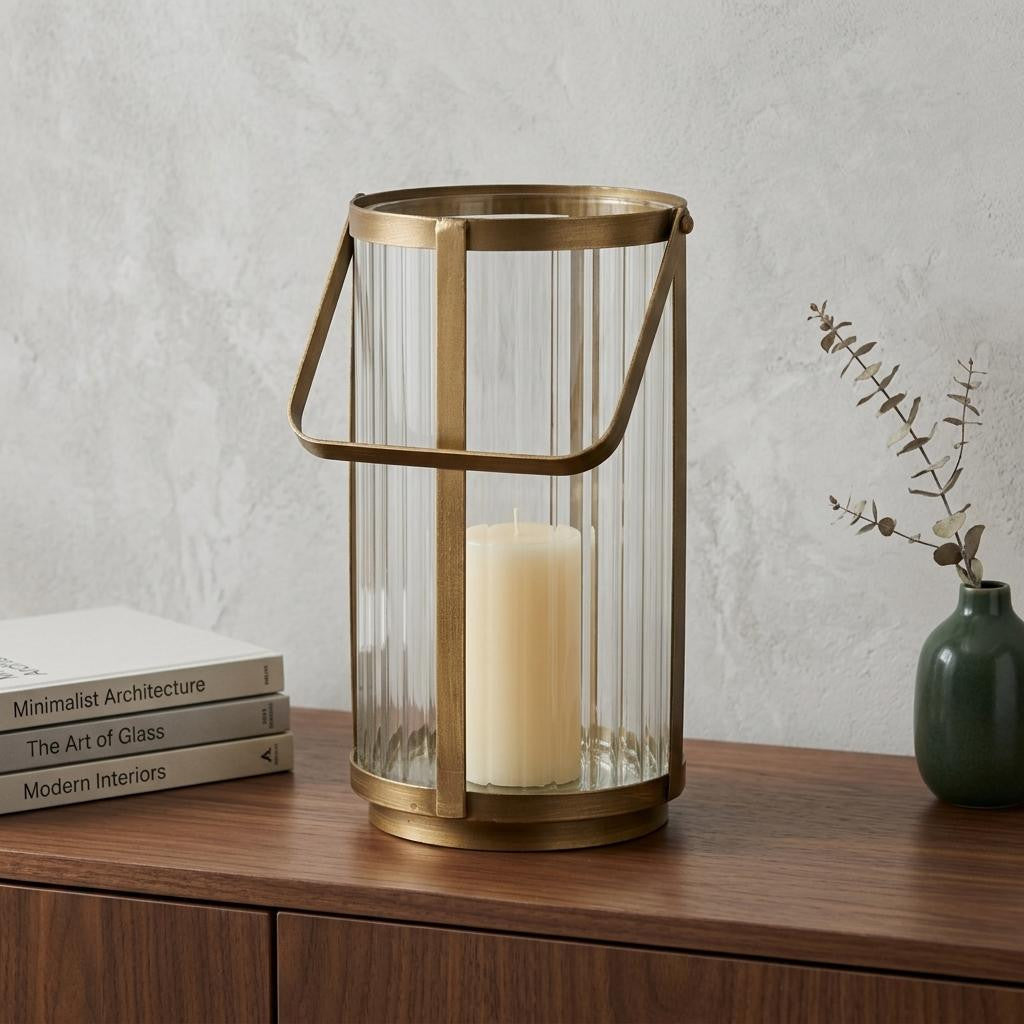 LAUREL 9" GOLD GLASS TABLETOP LANTERN CANDLE HOLDER