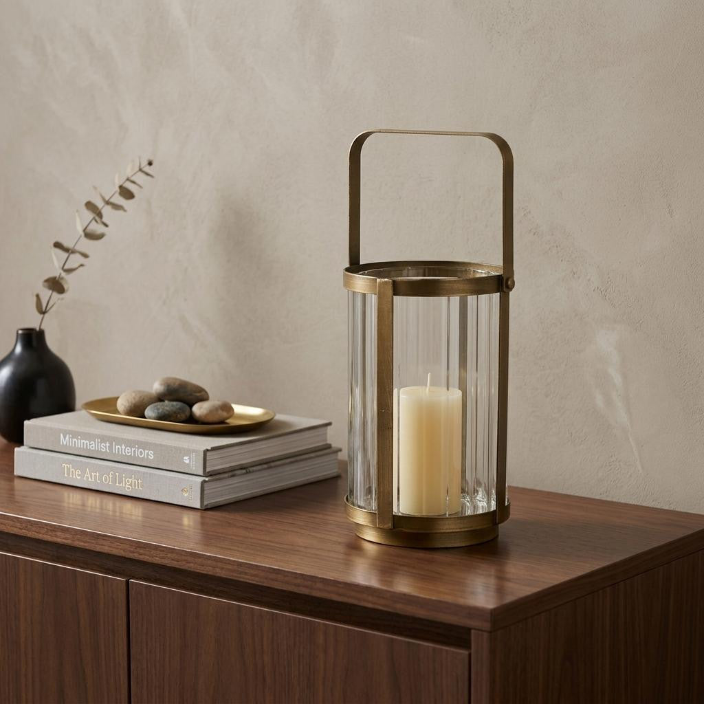 LAUREL 7" GOLD GLASS TABLETOP LANTERN CANDLE HOLDER