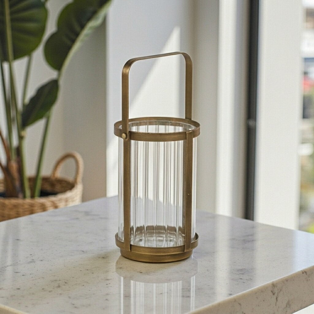 LAUREL 7" GOLD GLASS TABLETOP LANTERN CANDLE HOLDER