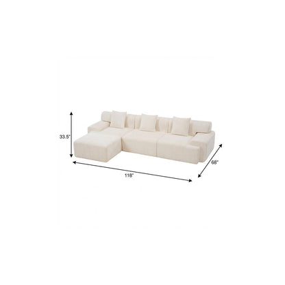 chenille modular sofa chaise ottoman, modular sofa chaise ottoman, beige chenille modular sofa chaise, 118" beige chenille modular sofa, sofa chaise ottoman toss pillows