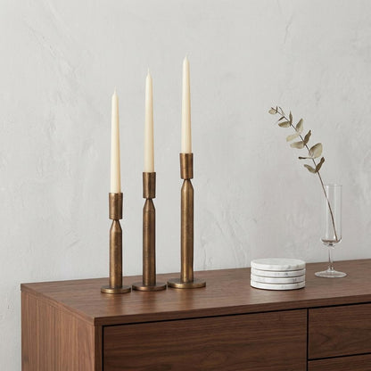PALISADES SET OF THREE ANTIQUED BRASS METAL TABLETOP TAPER CANDLESTICKS - Varnish & Vibe