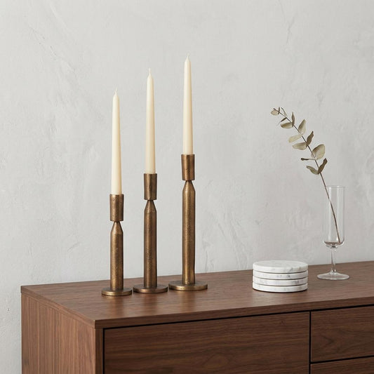 PALISADES SET OF THREE ANTIQUED BRASS METAL TABLETOP TAPER CANDLESTICKS - Varnish & Vibe