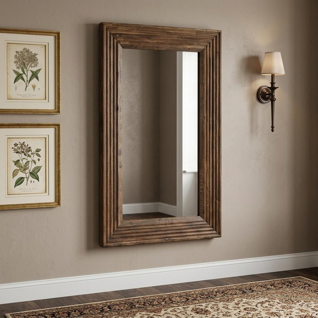 LAUREL 48" BROWN RIBBED SOLID WOOD WALL MOUNTED AND LEANING FRAMED ACCENT MIRROR