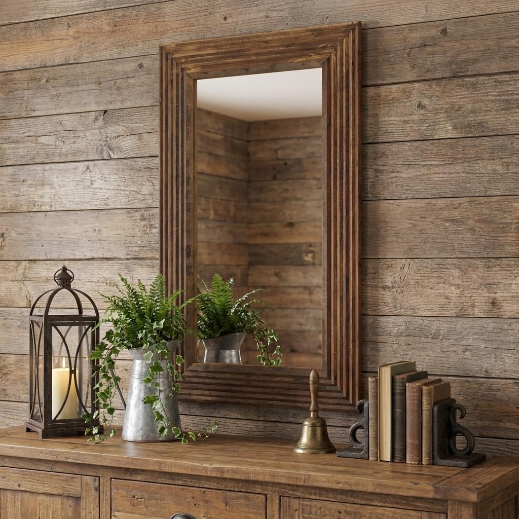 LAUREL 48" BROWN RIBBED SOLID WOOD WALL MOUNTED AND LEANING FRAMED ACCENT MIRROR
