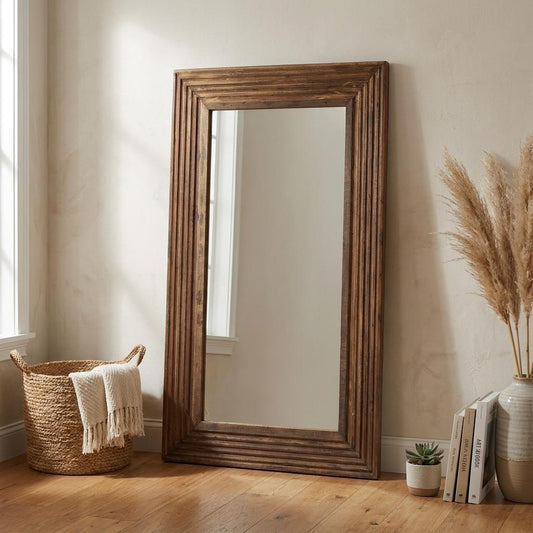 LAUREL 48" BROWN RIBBED SOLID WOOD WALL MOUNTED AND LEANING FRAMED ACCENT MIRROR