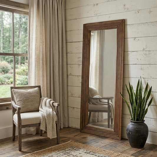 LAUREL 69" BROWN RIBBED SOLID WOOD WALL MOUNTED AND LEANING FRAMED FULL LENGTH MIRROR