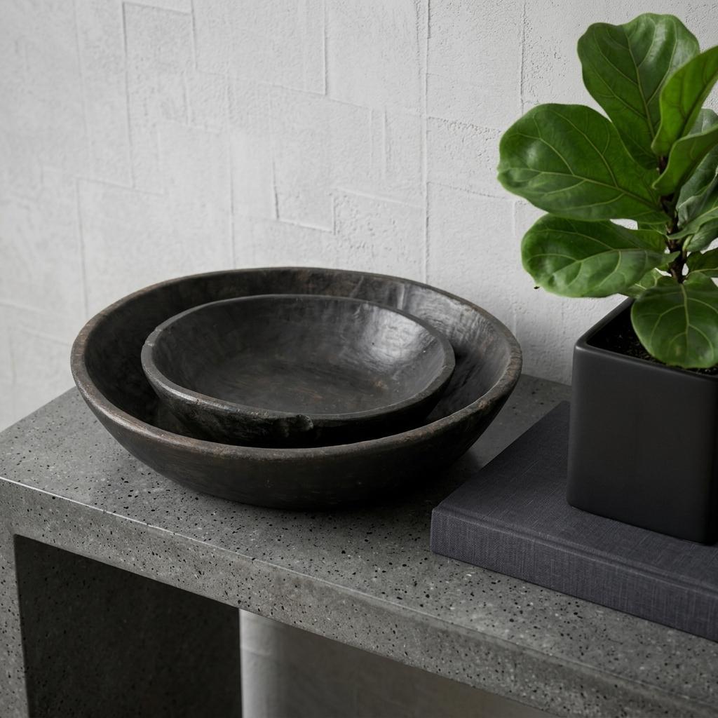 PALISADES SET OF TWO BLACK SOLID WOOD ROUND CENTERPIECE BOWL - Varnish & Vibe