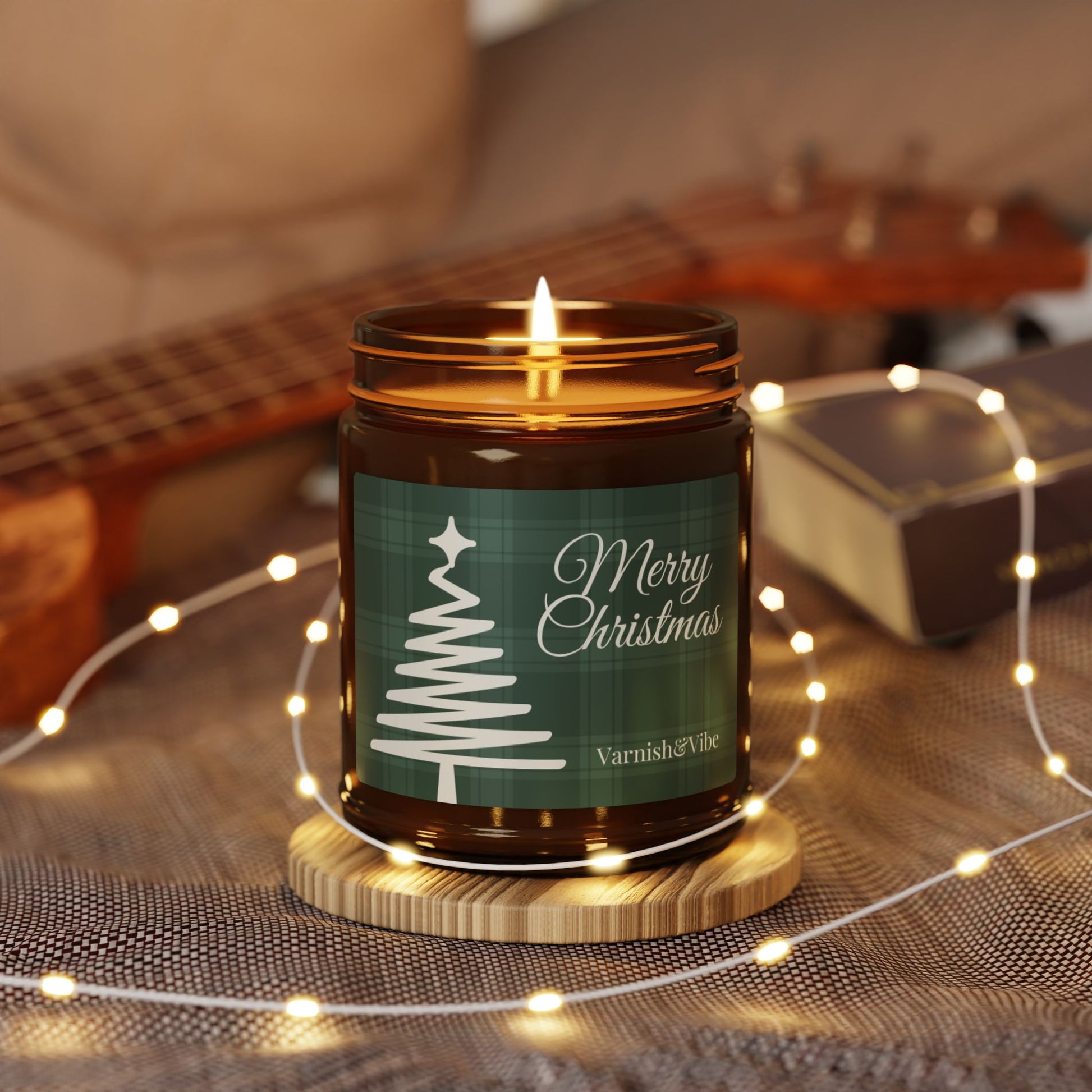 Merry Christmas Scented Soy Candle (Green, Multi-Size, Amber Jar) - Varnish & Vibe