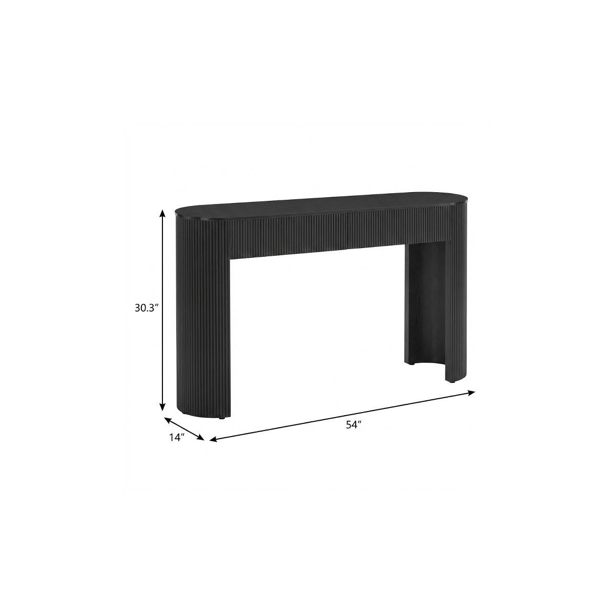 Black ribbed oval console table with double pedestal base from the Palisades fall collection, with measures