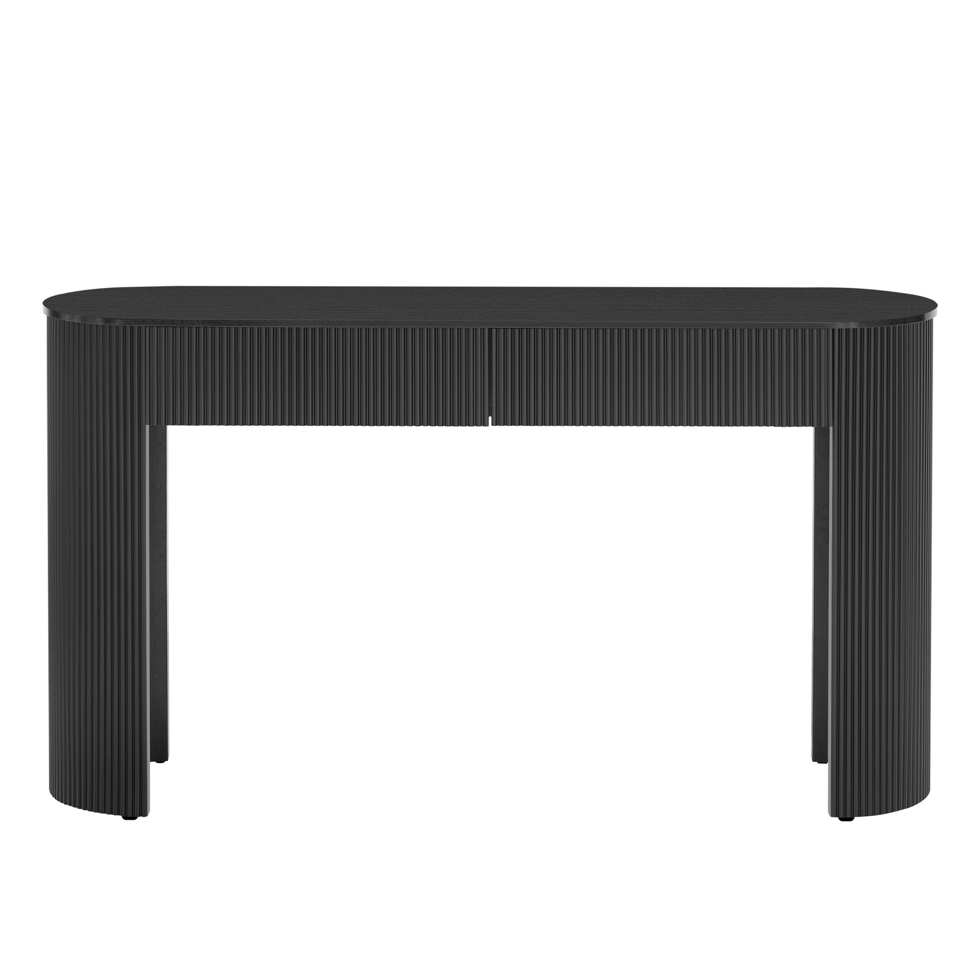Black ribbed oval console table with double pedestal base from the Palisades fall collection