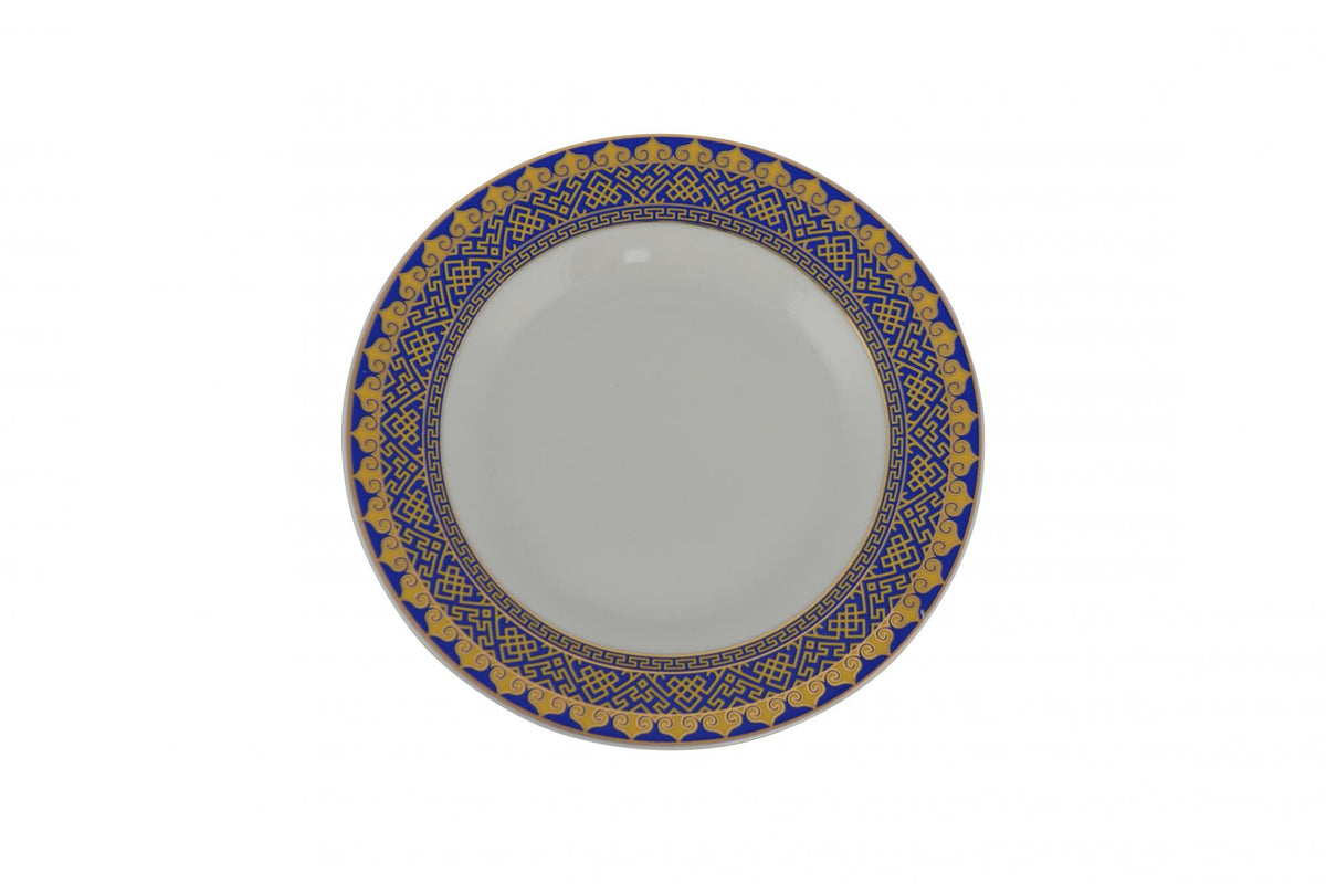 LAUREL WHITE BLUE AND GOLD 40 ROUND FLAT ABSTRACT CERAMIC SERVICE FOR EIGHT DINNERWARE SET