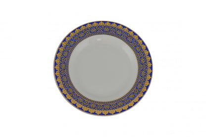 LAUREL WHITE BLUE AND GOLD 40 ROUND FLAT ABSTRACT CERAMIC SERVICE FOR EIGHT DINNERWARE SET