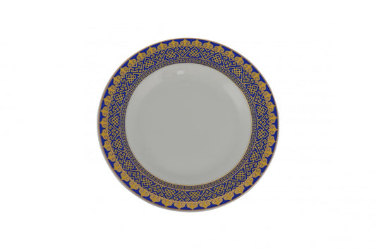 LAUREL WHITE BLUE AND GOLD 40 ROUND FLAT ABSTRACT CERAMIC SERVICE FOR EIGHT DINNERWARE SET
