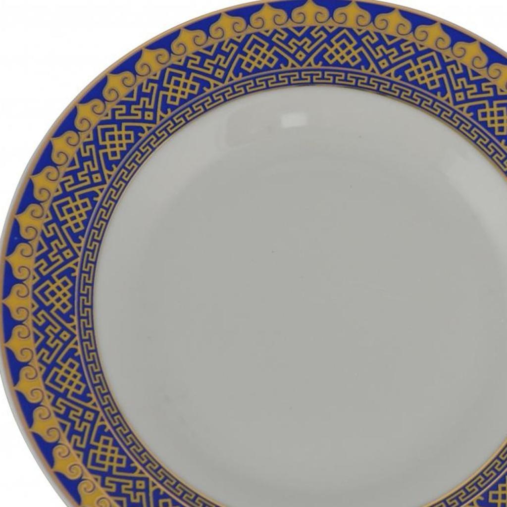 LAUREL WHITE BLUE AND GOLD 40 ROUND FLAT ABSTRACT CERAMIC SERVICE FOR EIGHT DINNERWARE SET