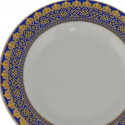 LAUREL WHITE BLUE AND GOLD 40 ROUND FLAT ABSTRACT CERAMIC SERVICE FOR EIGHT DINNERWARE SET
