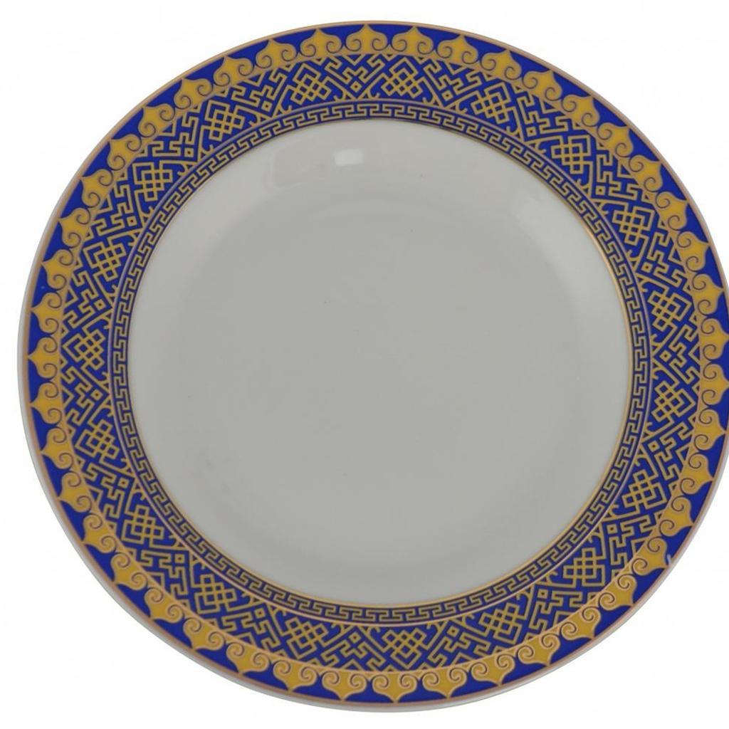 LAUREL WHITE BLUE AND GOLD 40 ROUND FLAT ABSTRACT CERAMIC SERVICE FOR EIGHT DINNERWARE SET