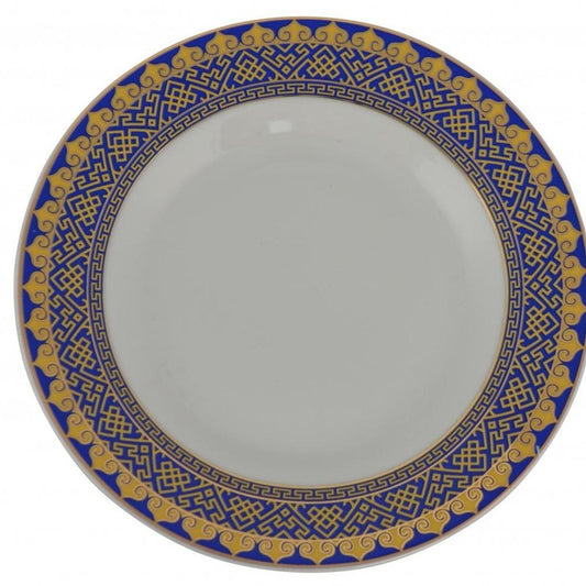 LAUREL WHITE BLUE AND GOLD 40 ROUND FLAT ABSTRACT CERAMIC SERVICE FOR EIGHT DINNERWARE SET