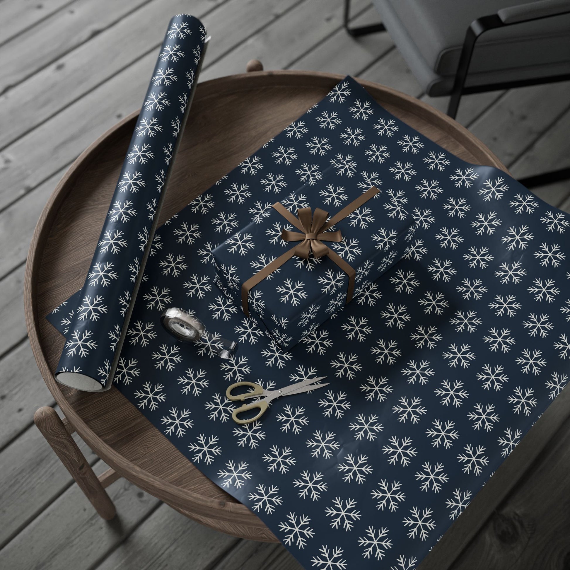 Snowflake Wrapping Paper - Navy Holiday Gift Wrap Roll - Varnish & Vibe