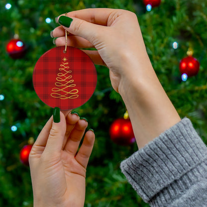 Red Tartan Christmas Tree Ceramic Ornament, 4 Shapes - Varnish & Vibe