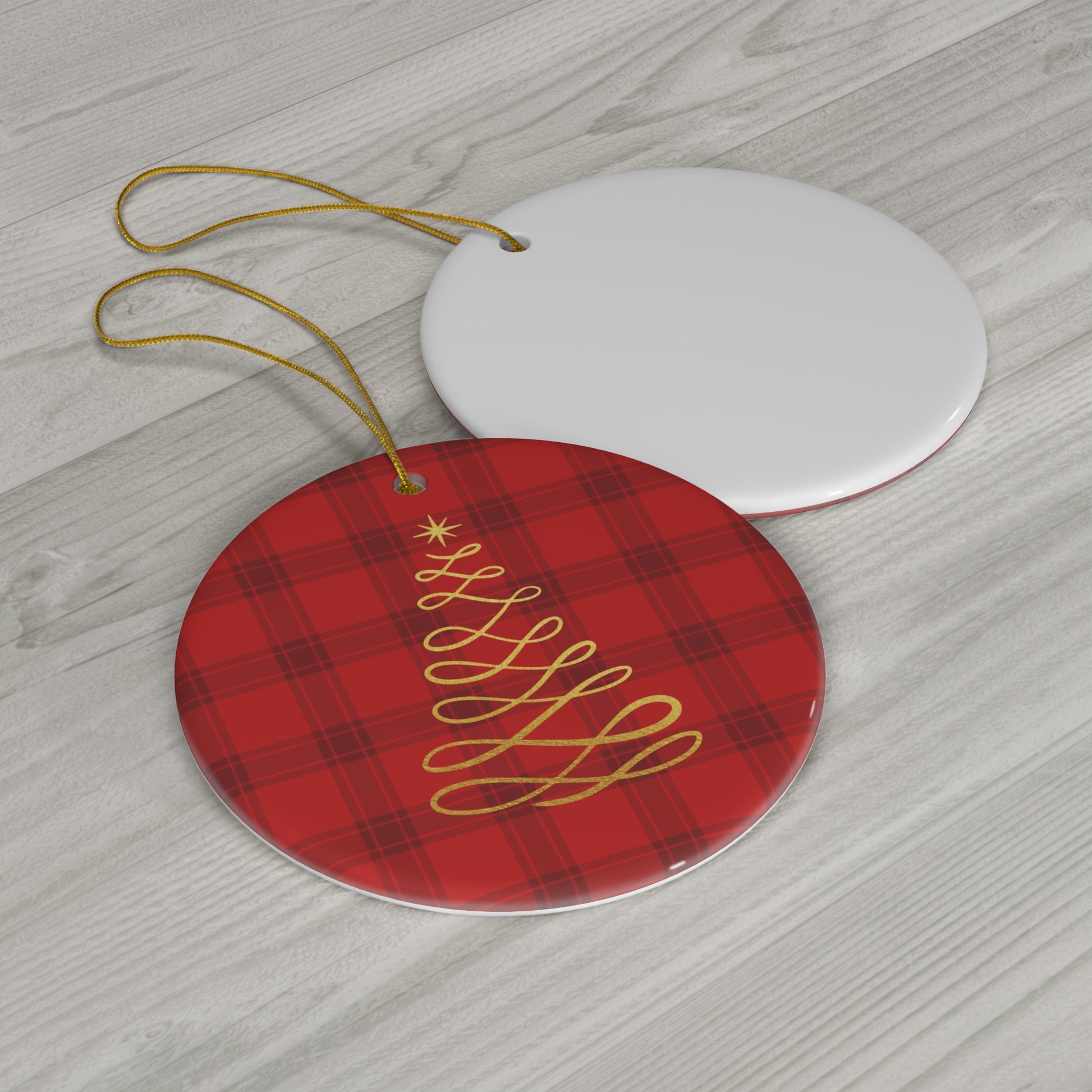 Red Tartan Christmas Tree Ceramic Ornament, 4 Shapes - Varnish & Vibe