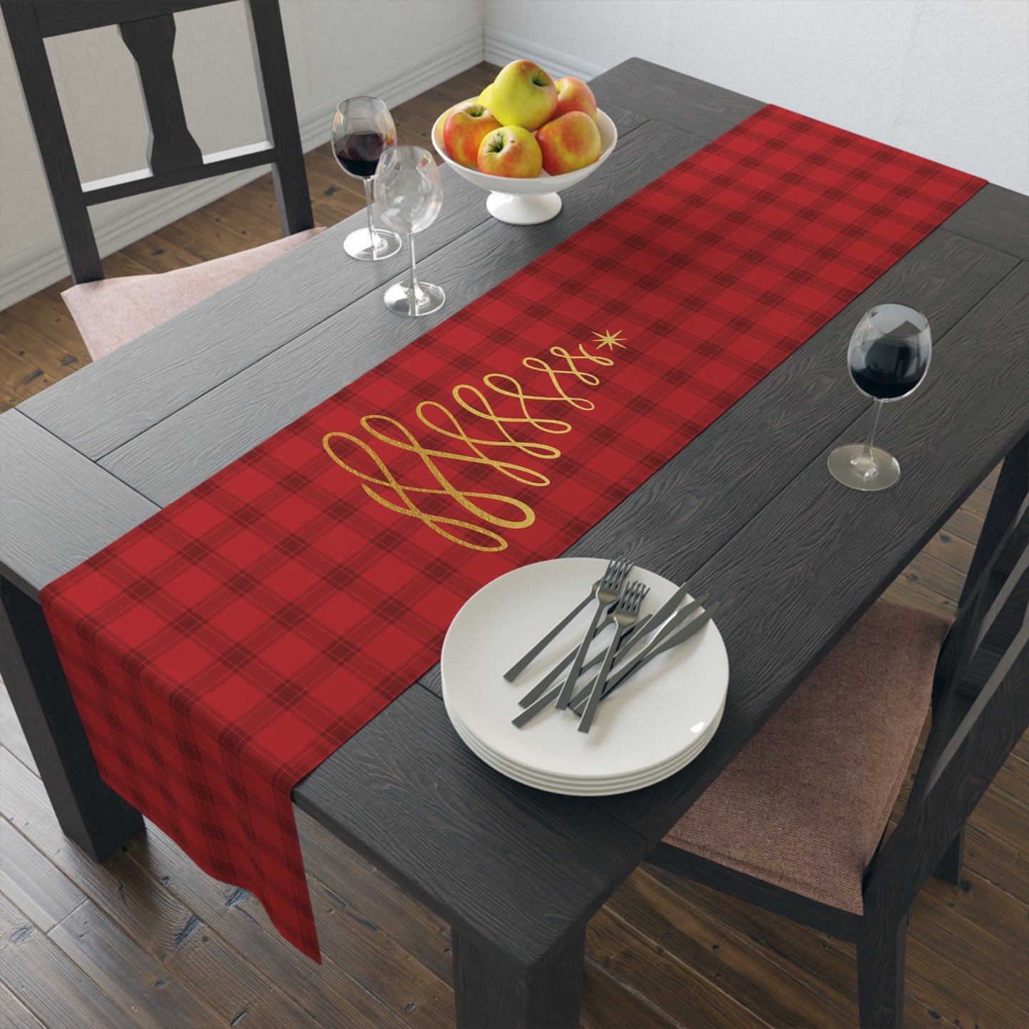 Red Tartan Christmas Tree Table Runner (Cotton, Poly) - Varnish & Vibe