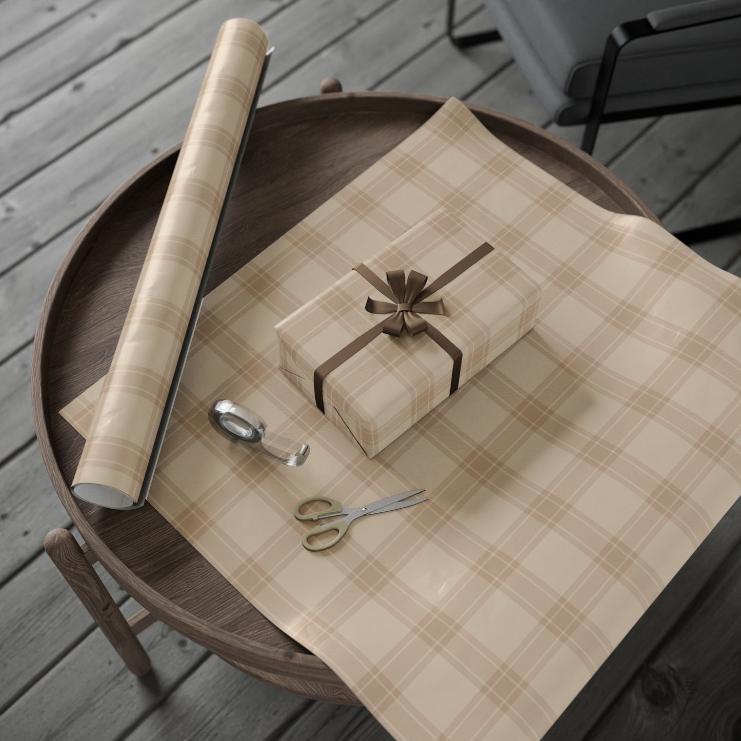 Neutral Plaid Wrapping Paper Roll – Beige Grid Gift Wrap for Weddings & Birthdays - Varnish & Vibe