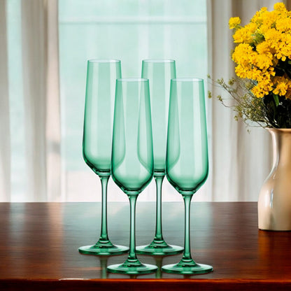 OCEAN SET OF FOUR BOHEMIAN GREEN CRYSTAL FLUTE GLASSES