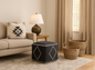 Living room with beige sofa, ottoman, and baskets
