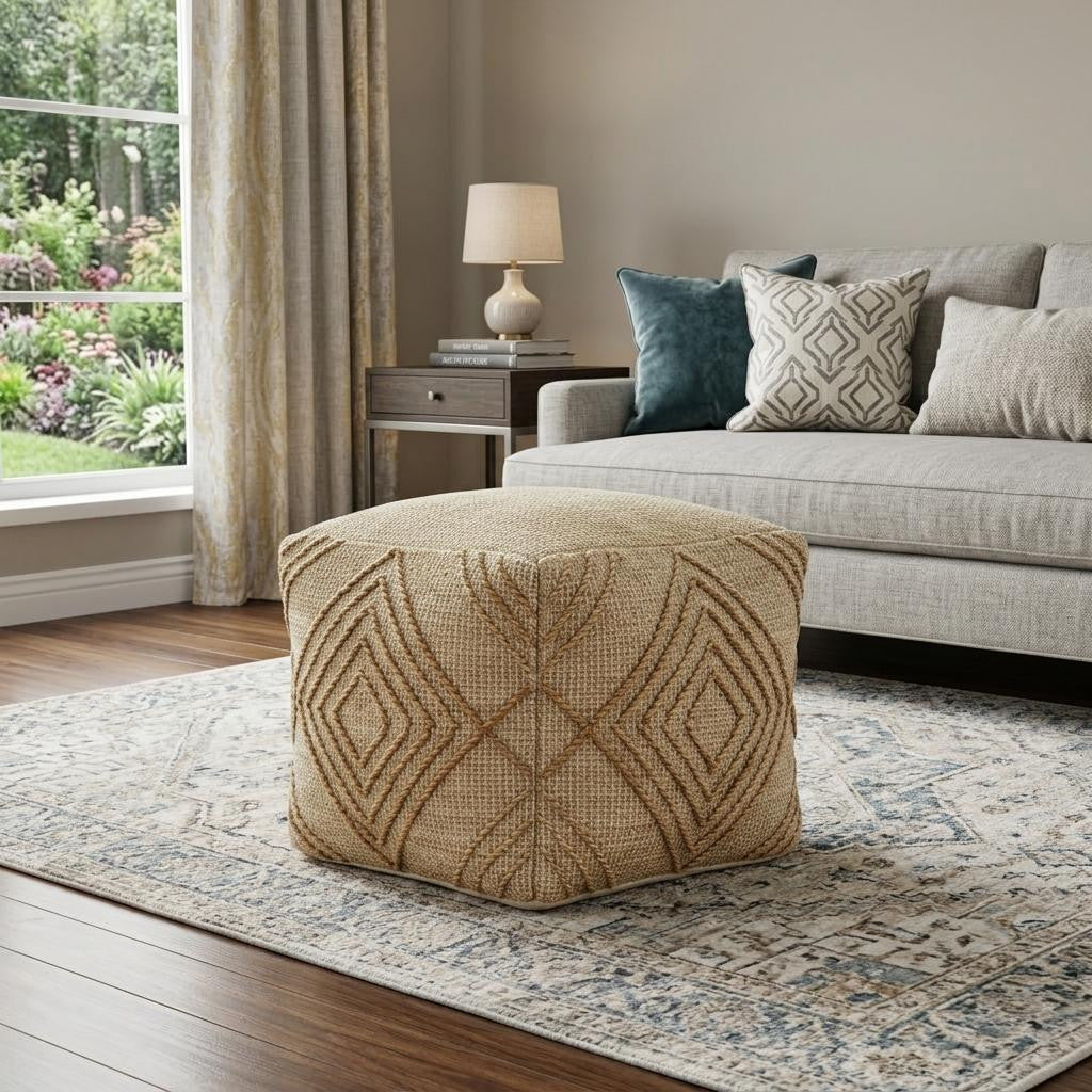 18" NATURAL JUTE BLEND CUBE GEOMETRIC POUF OTTOMAN - Varnish & Vibe
